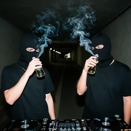 two thugs smoking and drinking in a long dark tunnel wearing balaclavas, dubstep, flash photography