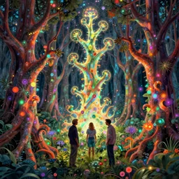 a digital render of a glowing fractal forest by greg rutkowski, thomas kinkade and Julius Horsthuis, Trending on artstation, Trending on deviantart