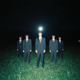 8 mm film still, grainy, liminal, unsettling, group of tall men in suits in a field at night, rain, flash on, dark midnight