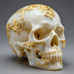 translucent porcelain skull with gold fillagree, ornate, intricate, hyper detailed, masterpiece, 4 k, octane render
