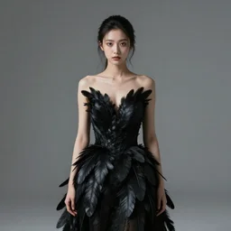 hight focus of a wonderful realistic focused sweet wonderful symmetrical mid portrait of a lonely woman in the center of image, her dress is like a realistic black raven plumes, dramatic light, octane render, image in center - 8 k