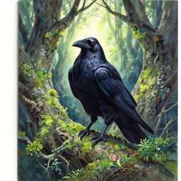 raven god in the lichen woods. this gouache painting by the award - winning mangaka has an interesting color scheme, plenty of details and impeccable lighting.