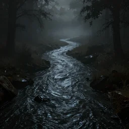 macro view of a long sinusoidal dark river through wet skin, foggy, 3 d photorealistic octane render, 8 k, sharp focus, dramatic lighting, night lighting, renaissance painting, by artgerm and tim burton