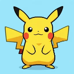 pixel art of pikachu, light blue background