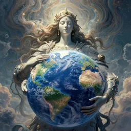 a giant female deity representing nuclear power embracing the planet earth with goodness and hope and optimism, digital art, artstation, 4 k, high res, intricate, dream - like, abstract