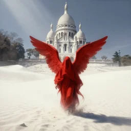 one lone singular swirling otherworldly angel shrouded in red robes emerges from extensive barren white dunescape, matte painting by peter mohrbacher and filip hodas, background basilica sacrecoeur by hugh ferriss, godrays, high contrast, highly detailed, a