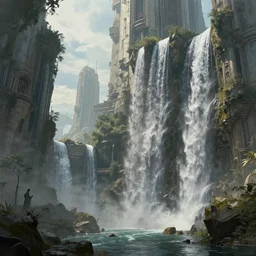 a matte painting of beautiful religious science fiction city, with waterfalls, 8 k, cinematic lighting, hd, atmospheric, hyperdetailed, trending on artstation, deviantart, digital painting, concept art smooth sharp focus illustration, art by artgerm and raoul marks