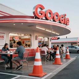 1 9 7 5 googie traffic cone themed classic american diner, people sitting at tables, googie architecture, one point perspective, americana, restaurant exterior photography, hd 4 k, taken by alex webb