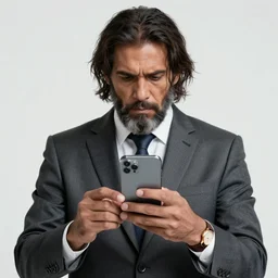 homoerectus wearing a suit, using an iphone