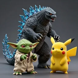 godzilla yoda donkey kong pikachu yeti chicken, highly detailed, extremely high quality, hd, 4 k, 8 k, professional photographer, 4 0 mp, lifelike, top - rated, award winning, realistic, detailed lighting, detailed shadows, sharp, no blur, edited, corrected, trending