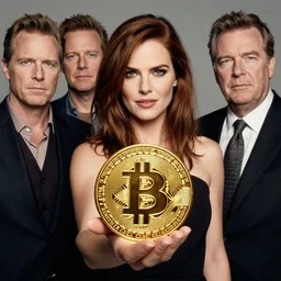 ayn rand holding a golden bitcoin, commerial by annie liebovitz, gaston bussiere, craig mullins, j. c. leyendecker