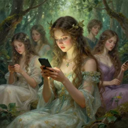 fantasy nature goddess checking her phone, art by josephine wall, magic realism, art by viktoria gavrilenko, art by huang guangjian, art by amanda sage