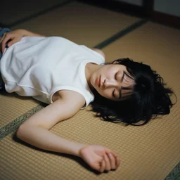 A long-shot, color photograph portrait of a sleeping young Japanese woman in sleeveless white shirt lying on her back on the tatami, night, dark cool strobo, 1990 photo from Japanese photograph Magazine.