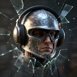 a portrait of a face emerges from a broken brotherhood of steel helmet from the videogame fallout 2, wearing susvara headphones, shattered glass and water droplets fly everywhere refracting light, unreal engine 5, contrast side light, very detailed