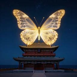 on a starry night, a giant glowing butterfly inhabits an ancient china shanxi building above the ocean, by craig mullins