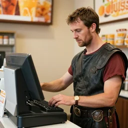 julius caesar working the register at an orange julius