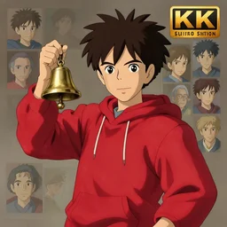 portrait of a young wizard, wearing a red hoodie, holding a brass bell, cartoon, elegant, highly detailed, digital painting, concept art, sharp focus, illustration, art by studio ghibli, makoto shinkai, don bluth, fujita goro, jean giraud, atey ghailan, akihiko yoshida, tom whalen, anton fadeev 8 k