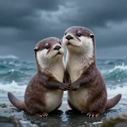 my little everything, portrait happy brave magical cuteness, fantasy otter love, otters holding hands in the stormy sea