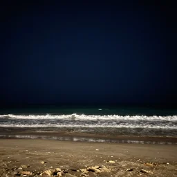 calm peaceful beach at night, dark sky lit up with stars, alone, nighttime, waves, shore, sand