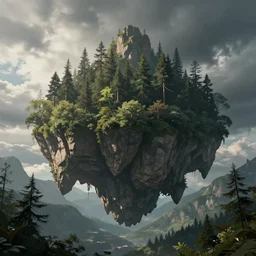 floating islands over forest, mountains in background, concept art, low angle, cinematic, style of jordan grimmer