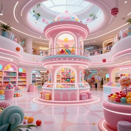 architecture, futuristic, neon, pastel colors, hd 8 k, digital design, detailed, abandoned, overgrown, candy shop in a mall, candies