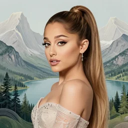 portrait of ariana grande, elegant, intricant, mountains, trees, and lake, by anton fadeev