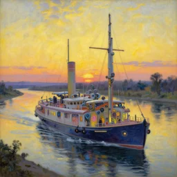 a neon robotic cyberpunk steamboat in the senna river, retrofuturistic japanese impressionism, oil on canvas, natural colors, horizon, golden hour, masterpiece, detailed, ethereal, megalophobia, by gustave caillebotte, wlop, mucha, greg rutkowski