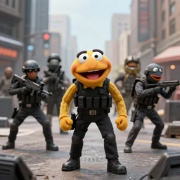 muppet puppet special forces in an urban battle field.