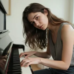 a beautiful photo of a sad woman playing piano looking at the camera