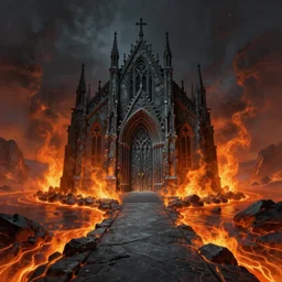 a small obsidian gothic cathedral with a giant obsidian door and a dark grey path leading to it, in the elemental plane of fire, with rivers of lava surrounding it, Dungeon and Dragon illustration, painted by Greg Rutkowski, 4k, trending on ArtStation