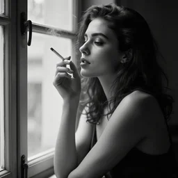 black and white photo of a woman smoking a cigarette by the window