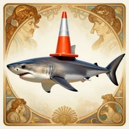 great white shark, side view, with a silver and orange striped traffic cone on its dorsal fin - ron cheng & alphonse mucha, highly detailed, digital painting, ray tracing, concept art, illustration, smooth sharp focus, intricate, symmetry, artstation,