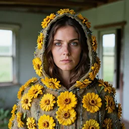 a closeup portrait of a woman wearing a hooded cloak made of zinnias and barbed wire, in a derelict house, by Helen Warner, natural light, detailed face, CANON Eos C300, ƒ1.8, 35mm, 8K, medium-format print