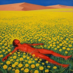 2 people in red desert drowning in a sea of yellow flowers, highly detailed, intricate, surreal, painting by Franz Marc, part by Yoji Shinkawa, part by Norman Rockwell