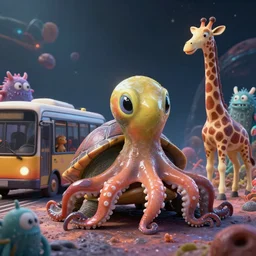 a strange bird turtle octopus giraffe chimera creature waiting for the bus with other monsters, on an alien planet, in the style of shaun tan and sam shearon and gaston bussiere, close up, glossy, beautiful, fantastic, wonderful, science fiction, dramatic lighting, high contrast, 3 d sculpture 8 k octane render