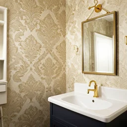 bathroom, damask wallpaper, gold fittings