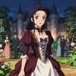 portrait of a beautiful girl with dark hair dressed in victorian style fashion, castle gardens background, nighttime, rich vibrant colors, ambient lighting, dynamic lighting,, 4k, HQ, official media, anime key visual, makoto shinkai, ilya kuvshinov, lois van baarle, rossdraws, detailed, trending on artstation