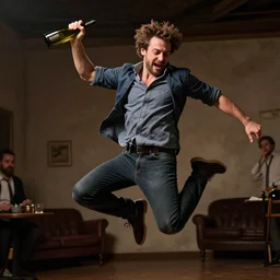 a detailed portrait of a man boisterously dancing around the room by himself holding an empty wine bottle as he jumps in the air, detailed facial expression, fine detail, dramatic lighting, award-winning photo UHD, 4K