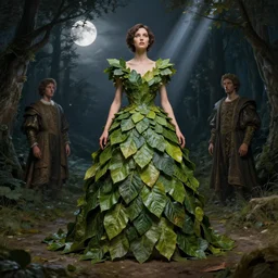 dress made of leaves, masterpiece by Edgar Maxence and Ross Tran and Michael Whelan, gustav dore, carravaggion, realistic fantasy, establishing shot, 8k, octane render, moonbeams