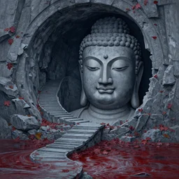 a gorgeous bleak autumn painting by barlowe wayne, maxfield parrish, gustave dore and marco mazzoni. close - up shot on a lonely huge chinese buddha statue, broken, stone gate to the dark cave. grey blue. maroon leaves, the winding stone steps. ultra clear detailed. 3 d, octane render. turbulent blood lake.