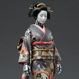 full body portrait of a Japanese robot geisha with kanji tattoos and decals wearing a digital kimono, intricate, octane render, ultra fine detailed, character design, trending on artstation
