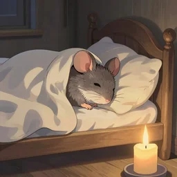 A fuzzy little mouse sleeping in a small bed, covered with blanket, cozy, candle light, extra detailed, digital illustration, by Makoto Shinkai and thomas kinkade, Matte painting, trending on artstation and unreal engine
