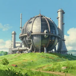 an impressive science fiction big factory with a spherical architecture designed by boeing military and star wars with fat cables and pipes, on a beautiful green hill in a the french countryside during spring season, painting by studio ghibli backgrounds and louis remy mignot hd, nice lighting, smooth tiny details, soft and clear shadows, low contrast, perfect