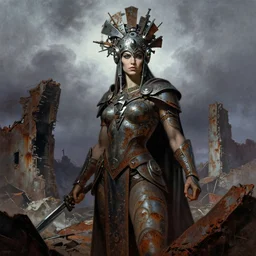 mighty princess of the wasteland, scrap metal headdress, rusted ruins, strong line, deep color, cloudy sky, beautiful! coherent! by brom, by frank frazetta,