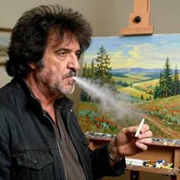 bob ross snorting a fat line of cocaine with a beautiful landscape painting on an easel behind him