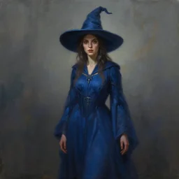 oil matte painting, witch in a blue robe and hat, digital painting, fantasy, concept art, cinematic colors, realistic shadows, authors ilya kuvshinov, magali villeneuve, artgerm, greg rutkowski
