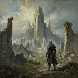 the tarnished discovers the ruins of an artdeco city in the lands between, matte painting, detailed, elden ring, oil on canvas, by beeple