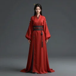 haute couture, clothing setting for ancient chinese female assassin, model standing pose, red hanfu, long sleeves, gauze belt, cyberpunk style, render by octane and blender, hyper realistic, hyper detailed