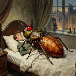 As Gregor Samsa awoke one morning from uneasy dreams he found himself transformed in his bed into a gigantic insect glowing red eyes. Edwardian city. james gurney, james jean, greg rutkowski, anato finnstark. hyper detailed,35mm