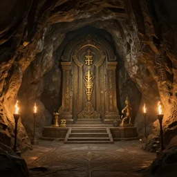 taoist cave with symbols torches and dramatic lighting, deep focus, d & d, fantasy, intricate, elegant, highly detailed, digital painting, artstation, concept art, matte, sharp focus, illustration, hearthstone, art by artgerm and greg rutkowski